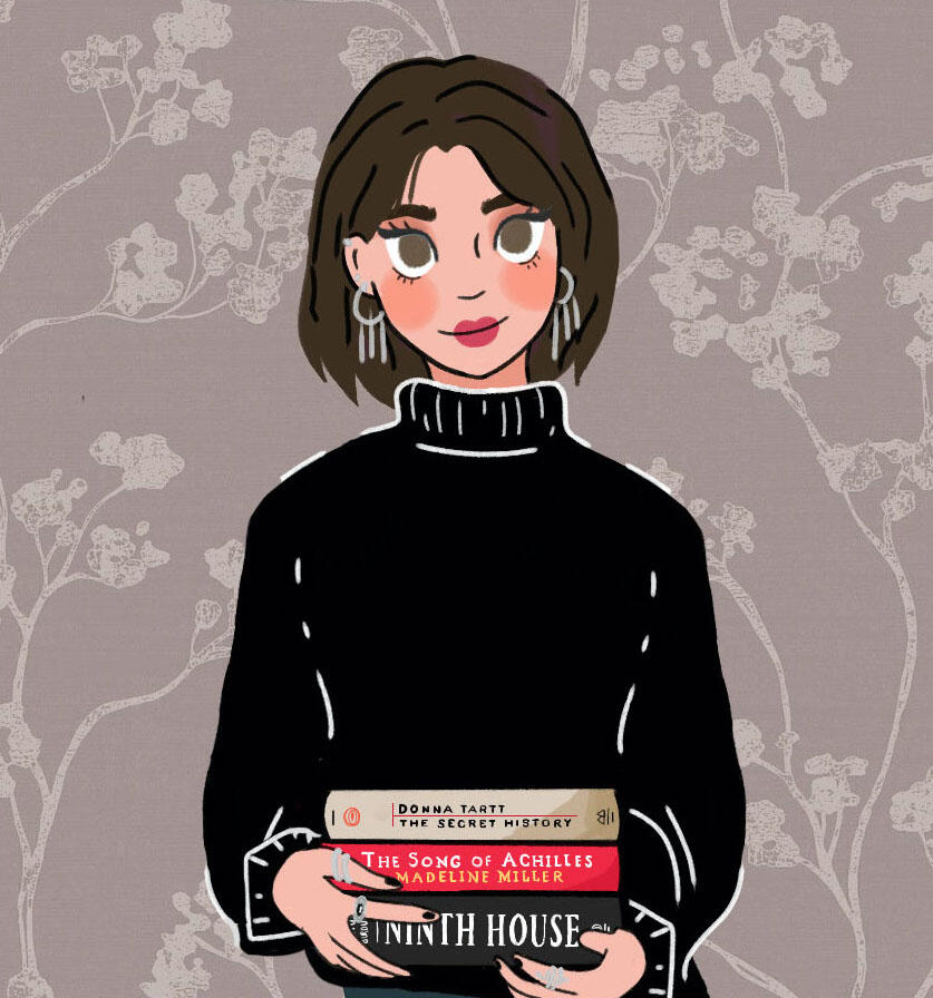 Illustrated girl holding a stack of books